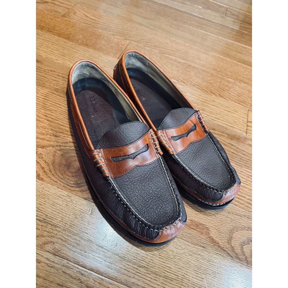 LL Bean Mens Two Tone Brown Leather Penny Loafers Lug Sole 13 D 244478